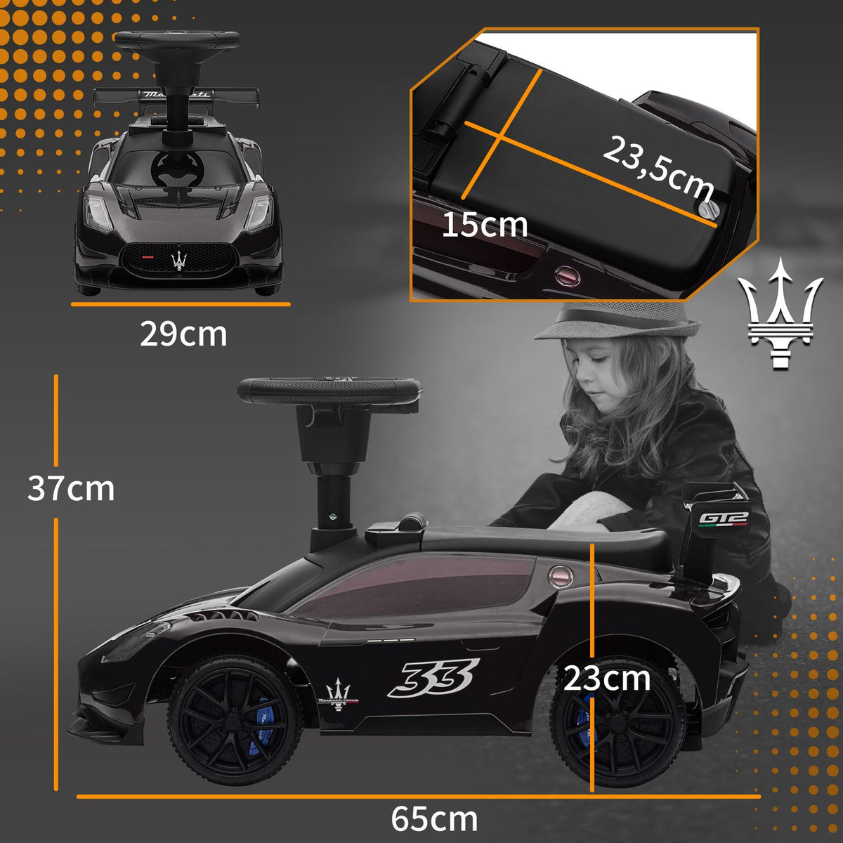 Ride-on car, Bobby car with storage space, horn and music, ride-on vehicle for 1.5-5 years children black 65 x 29 x 37 cm