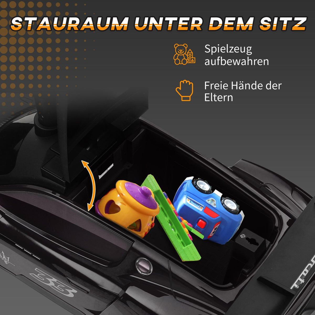 Ride-on car, Bobby car with storage space, horn and music, ride-on vehicle for 1.5-5 years children black 65 x 29 x 37 cm