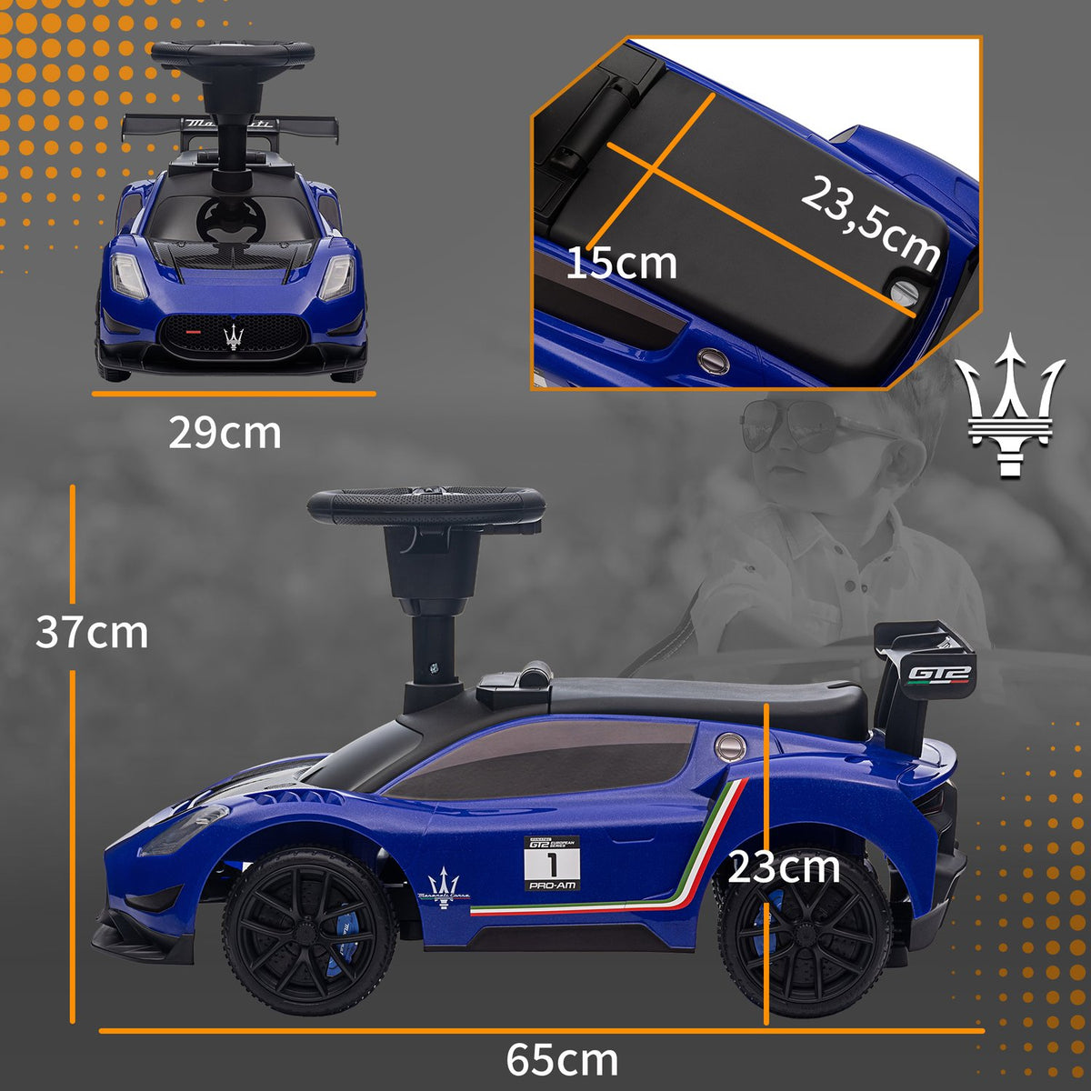 Ride-on car, Bobby car with storage space, horn and music, ride-on vehicle for 1.5-5 years children blue 65 x 29 x 37 cm