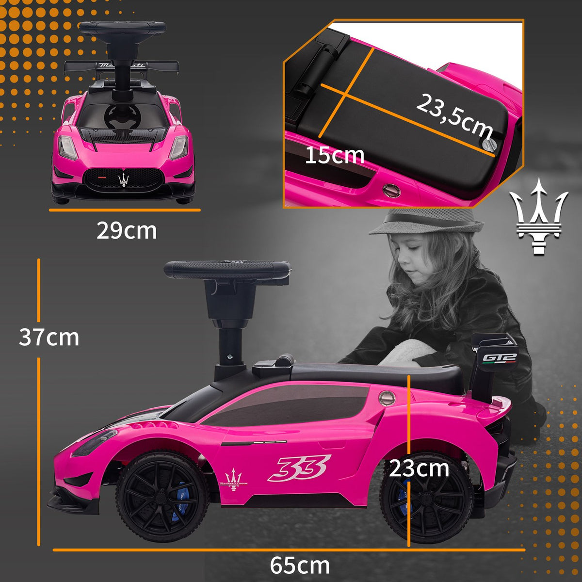 Ride-on car, Bobby car with storage space, horn and music, ride-on vehicle for 1.5-5 years children pink 65 x 29 x 37 cm