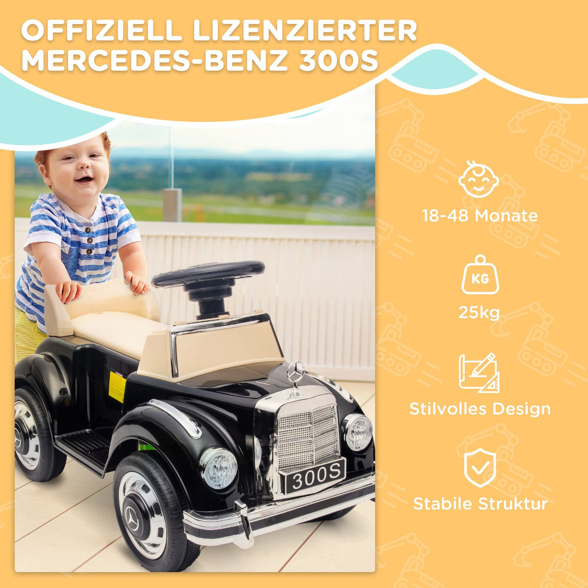 Ride-on car, children's vehicle, ride-on vehicle with storage space, children's car with tip protection for 18-48 months children, black