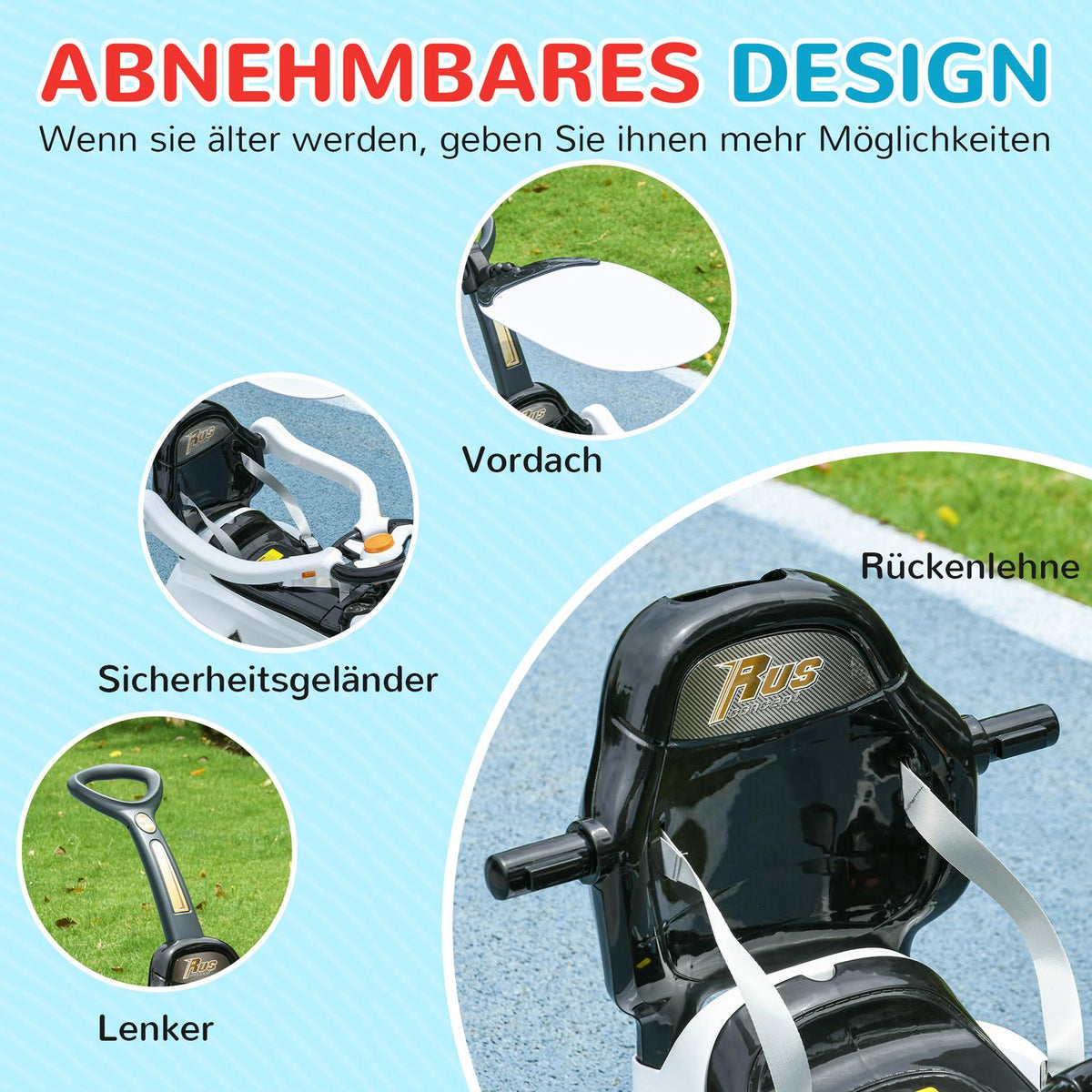 Ride-on car, ride-on, children's car, children's vehicle, push and support bar with backrest, protective bar, walking aid for 12-36 months