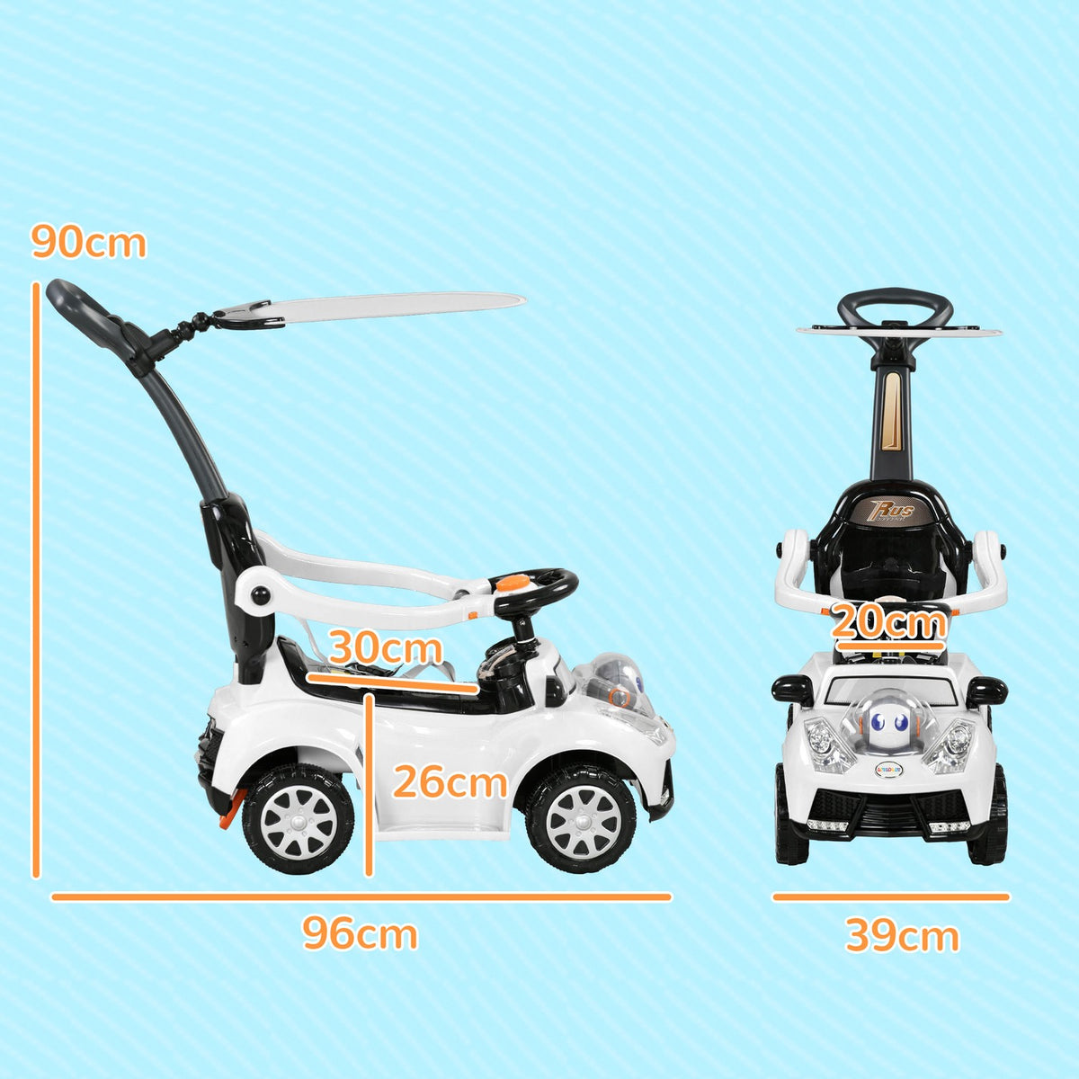 Ride-on car, ride-on, children's car, children's vehicle, push and support bar with backrest, protective bar, walking aid for 12-36 months