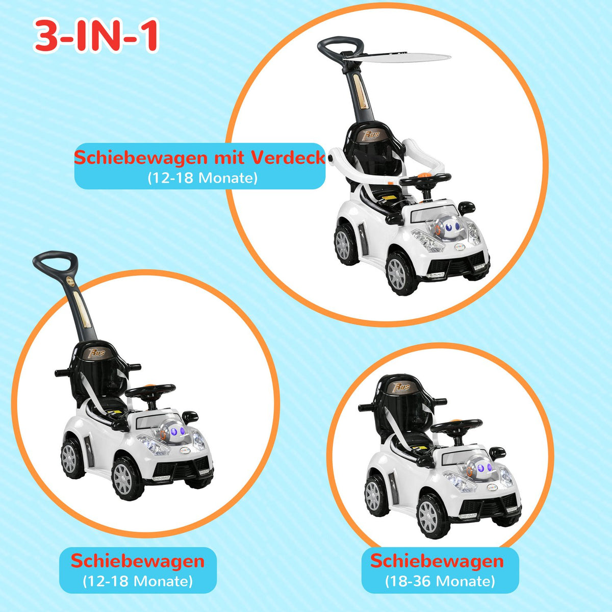 Ride-on car, ride-on, children's car, children's vehicle, push and support bar with backrest, protective bar, walking aid for 12-36 months