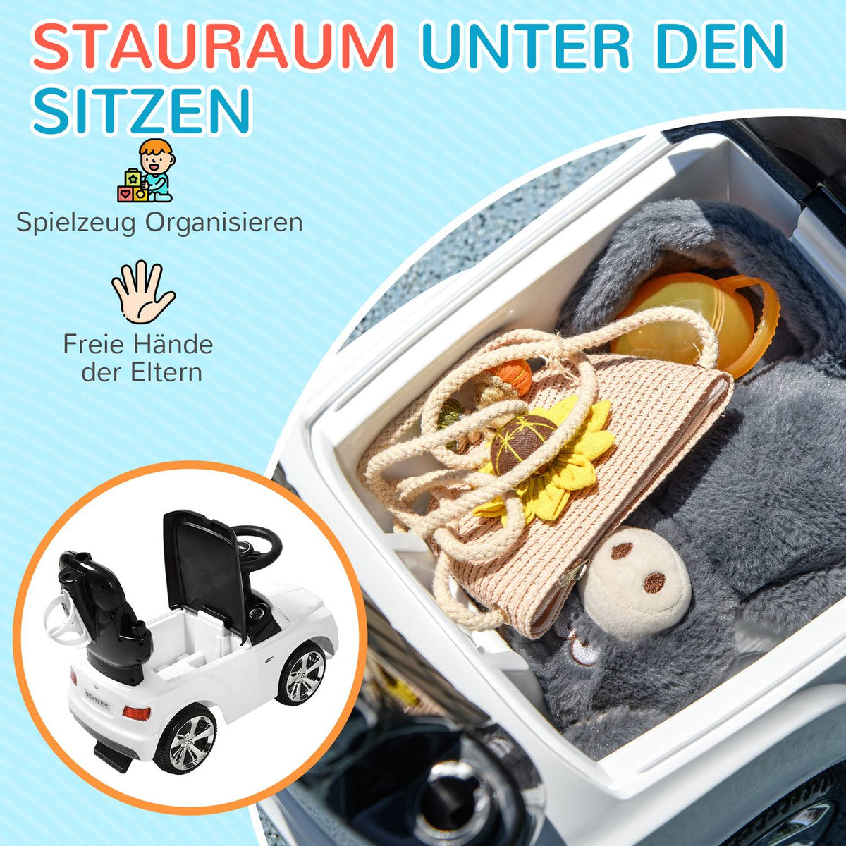 Ride-on car with push bar, 3-in-1 ride-on vehicle with removable top, children's vehicle with tip protection, storage space, for 1-3 years