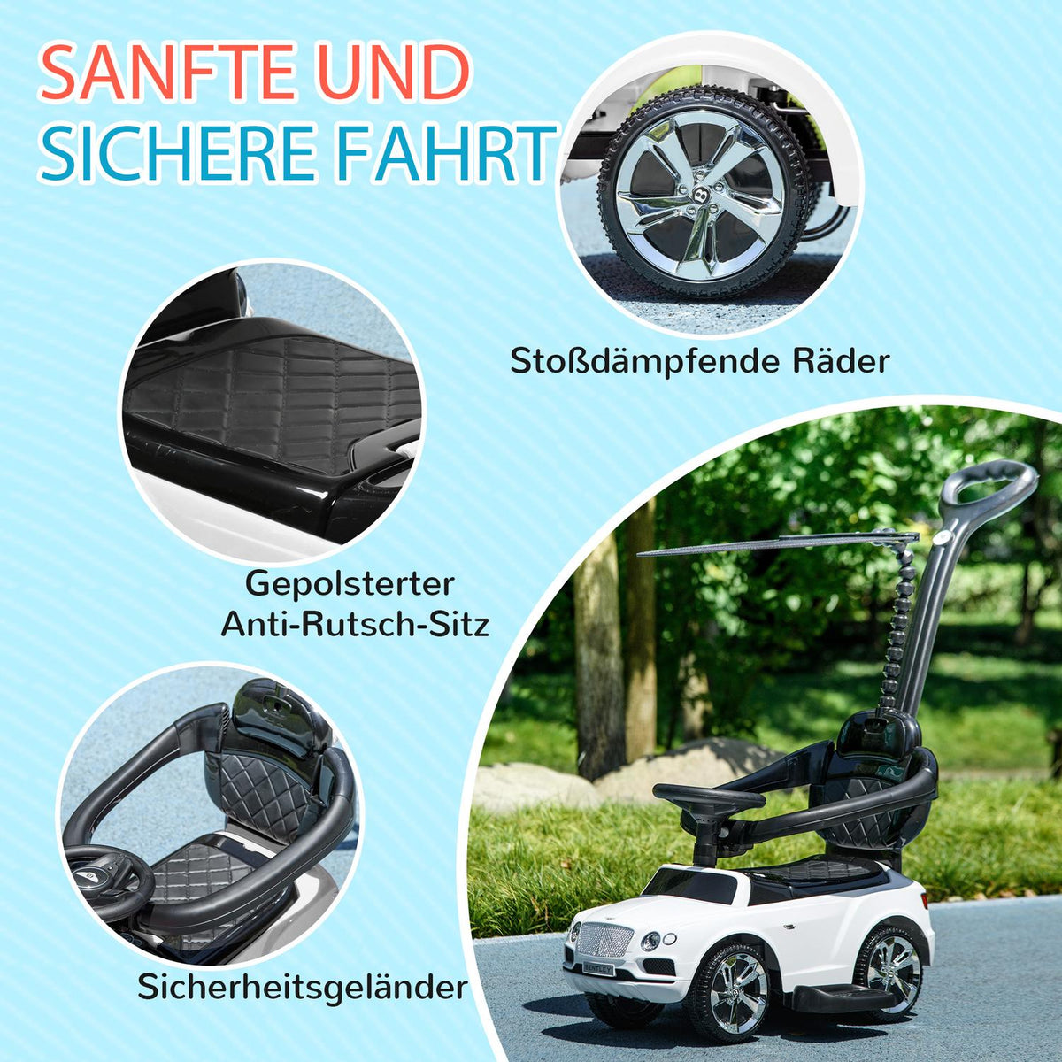 Ride-on car with push bar, 3-in-1 ride-on vehicle with removable top, children's vehicle with tip protection, storage space, for 1-3 years