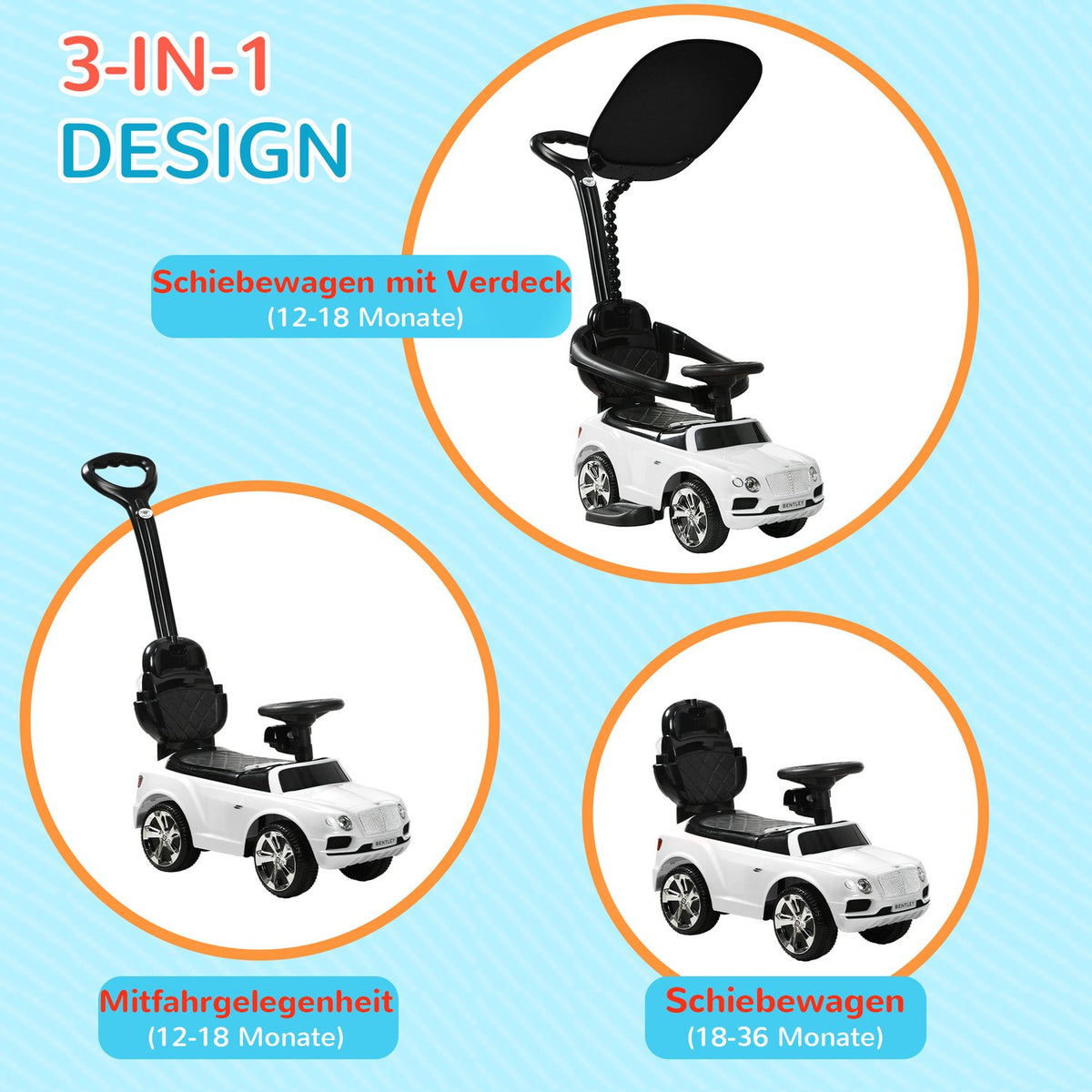 Ride-on car with push bar, 3-in-1 ride-on vehicle with removable top, children's vehicle with tip protection, storage space, for 1-3 years