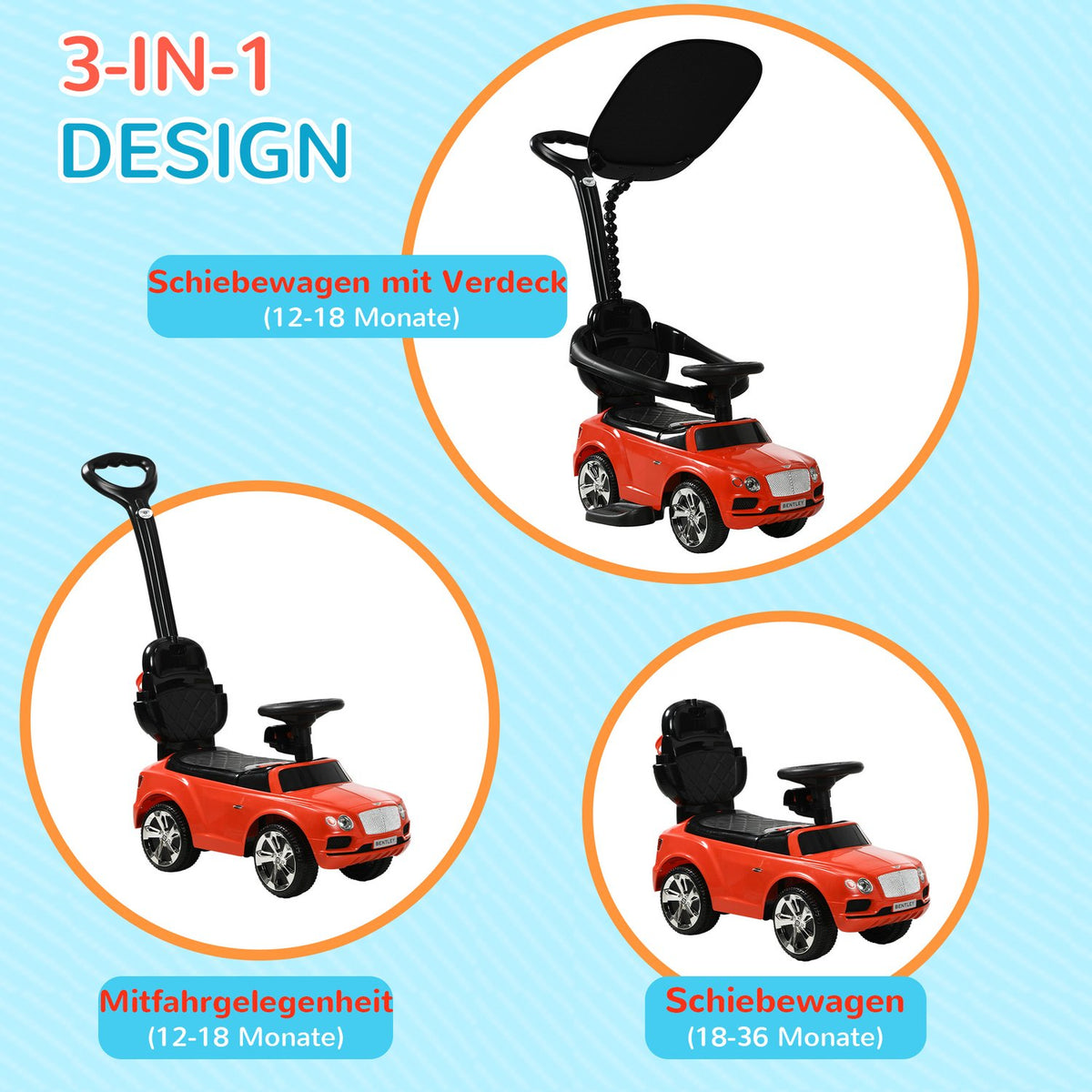 Ride-on car with push bar, 3-in-1 ride-on vehicle with removable top, children's vehicle with tip protection, storage space, for 1-3 years, red