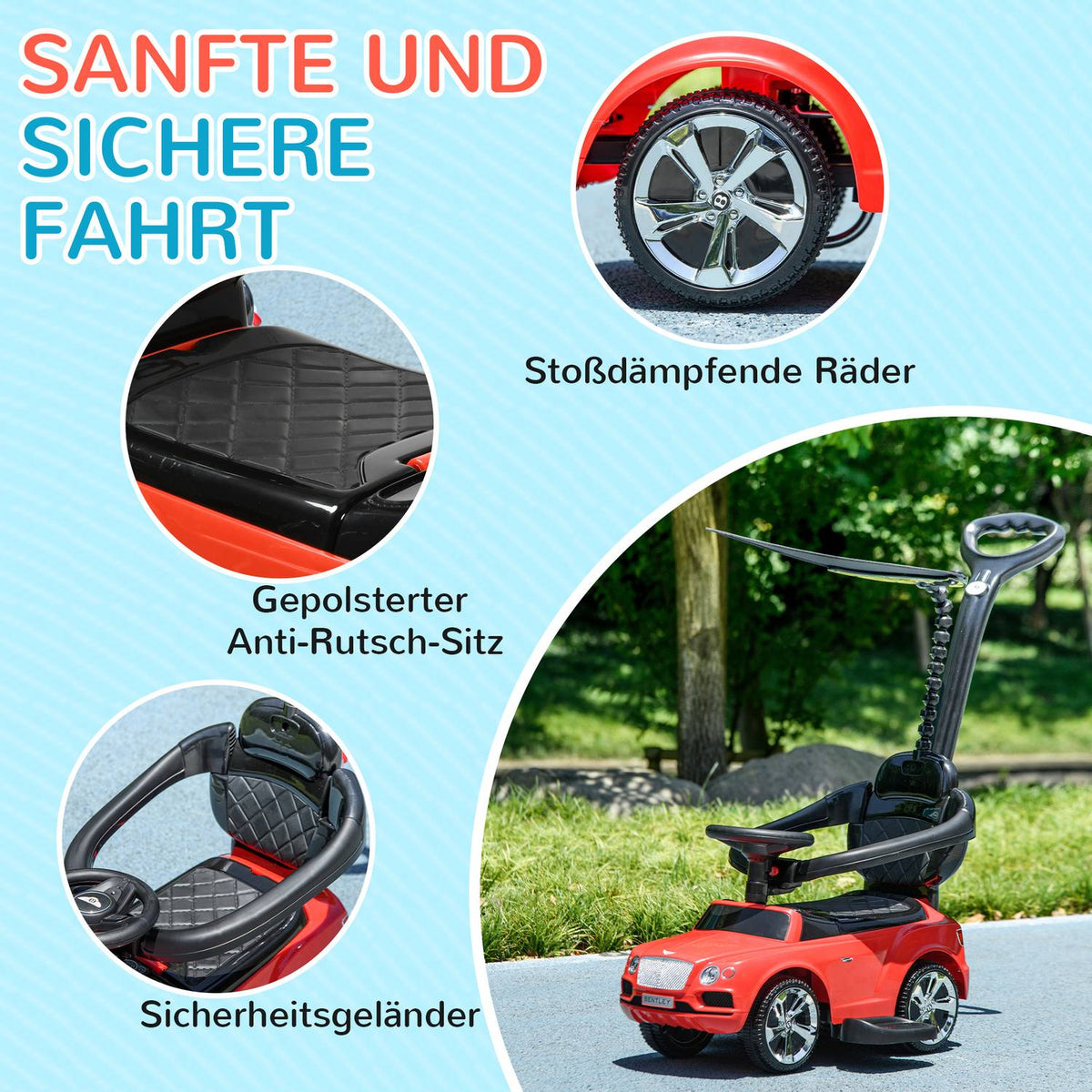 Ride-on car with push bar, 3-in-1 ride-on vehicle with removable top, children's vehicle with tip protection, storage space, for 1-3 years, red