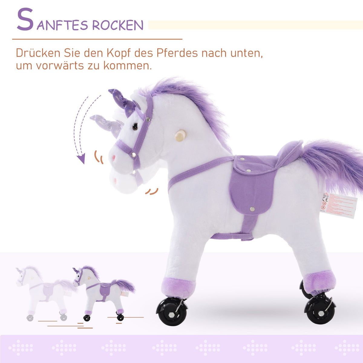 Riding Horse On Wheels In Purple Play Horse With Neighing, Plush Riding Animal For Children, 55X23X60 Cm