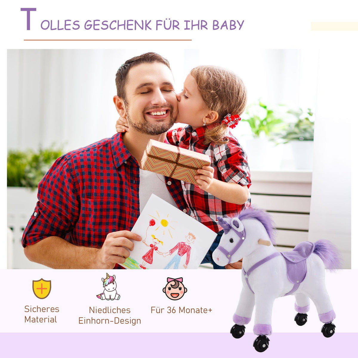 Riding Horse On Wheels In Purple Play Horse With Neighing, Plush Riding Animal For Children, 55X23X60 Cm