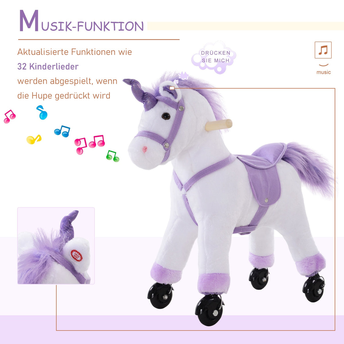 Riding Horse On Wheels In Purple Play Horse With Neighing, Plush Riding Animal For Children, 55X23X60 Cm