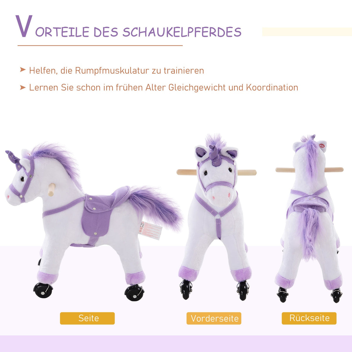 Riding Horse On Wheels In Purple Play Horse With Neighing, Plush Riding Animal For Children, 55X23X60 Cm
