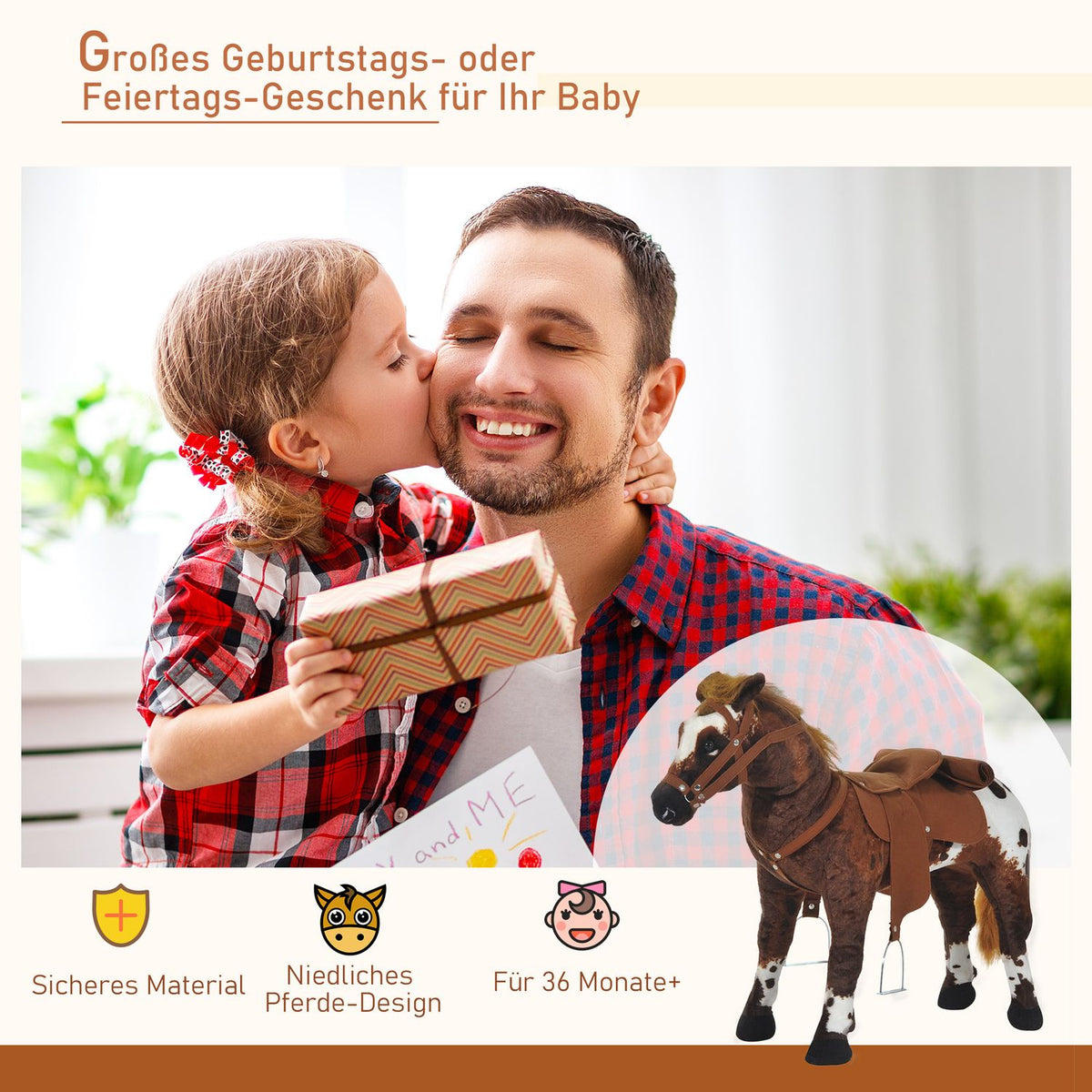 Riding Horse Play Horse Children'S Sound Standing Horse Plush Toy Metal Brown + White 85X28X60Cm