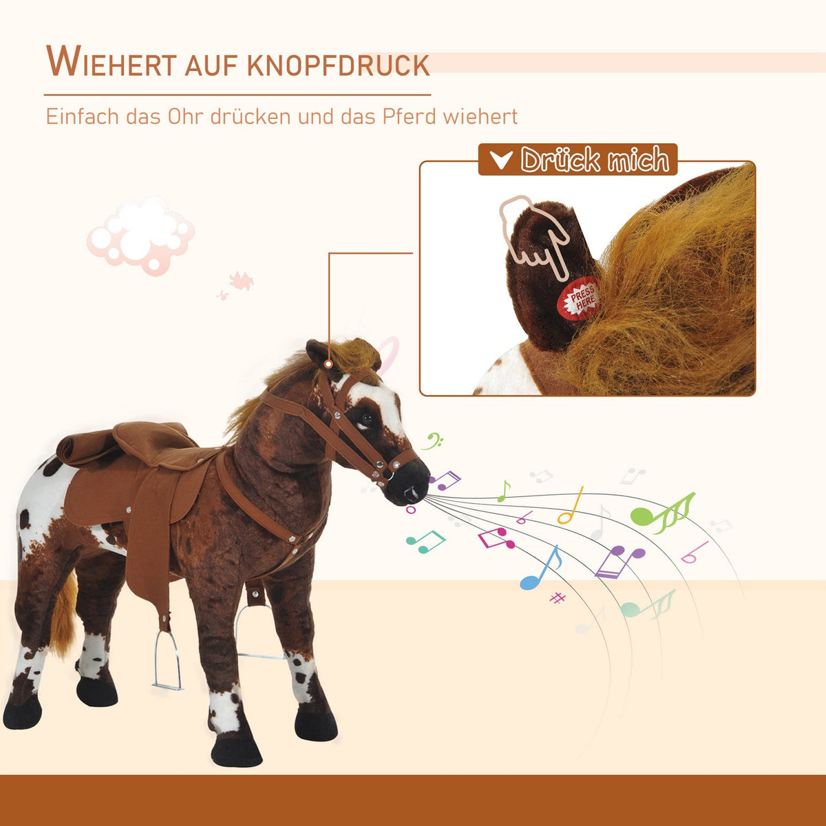 Riding Horse Play Horse Children'S Sound Standing Horse Plush Toy Metal Brown + White 85X28X60Cm