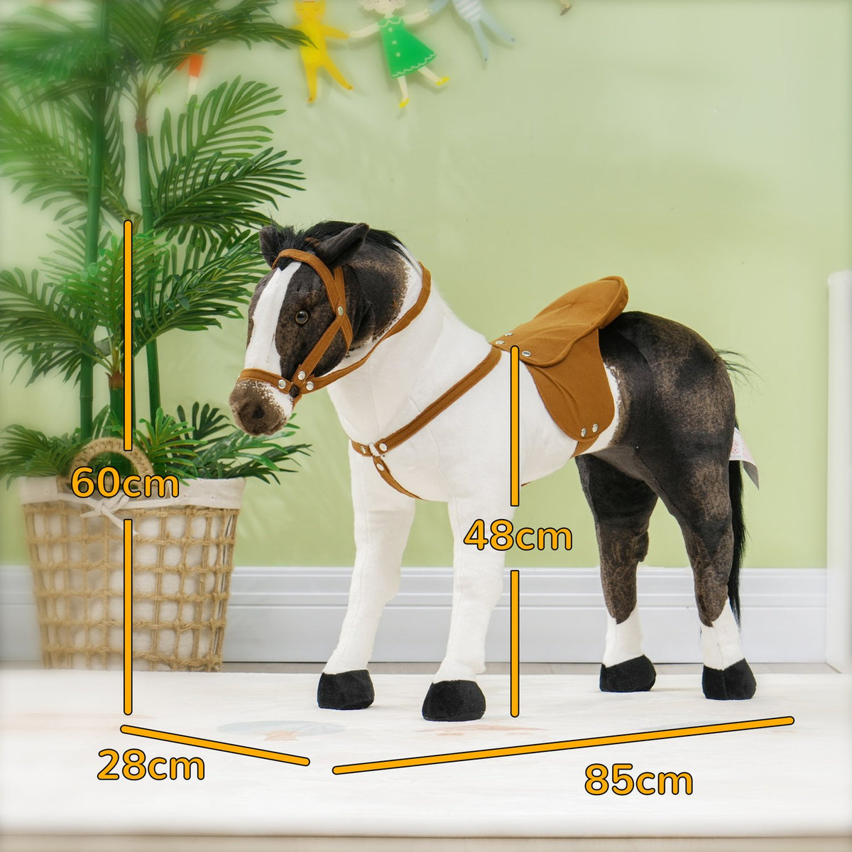 Riding horse with sound function, 48 cm height play horse for riding with saddle and bridle, standing horse for children 3-8 years, metal, brown + cream white
