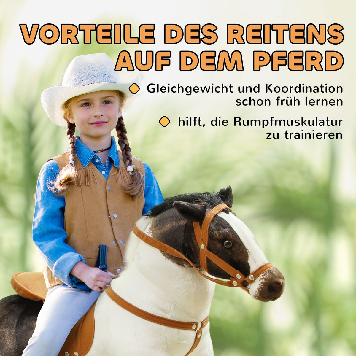 Riding horse with sound function, 48 cm height play horse for riding with saddle and bridle, standing horse for children 3-8 years, metal, brown + cream white