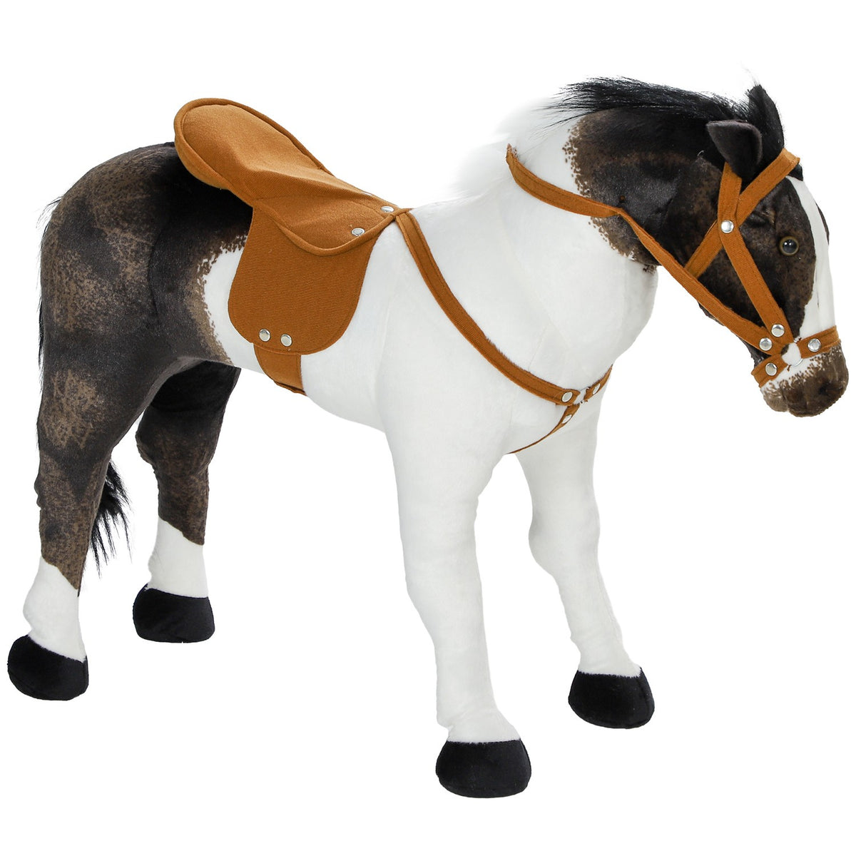 Riding horse with sound function, 48 cm height play horse for riding with saddle and bridle, standing horse for children 3-8 years, metal, brown + cream white