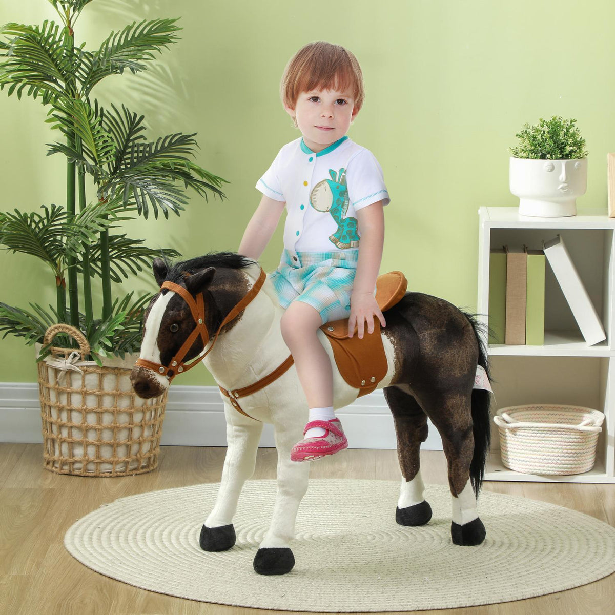 Riding horse with sound function, 48 cm height play horse for riding with saddle and bridle, standing horse for children 3-8 years, metal, brown + cream white