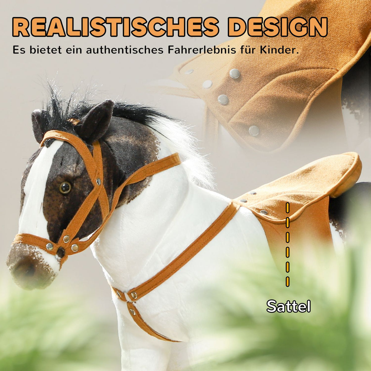 Riding horse with sound function, 48 cm height play horse for riding with saddle and bridle, standing horse for children 3-8 years, metal, brown + cream white