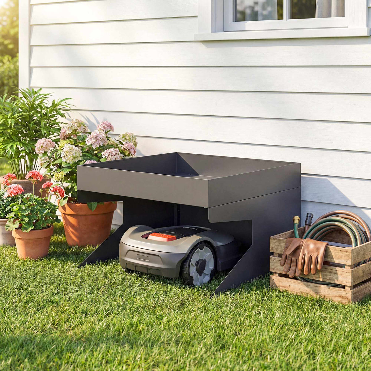 Robotic Lawn Mower Garage with Planter, Galvanized Steel