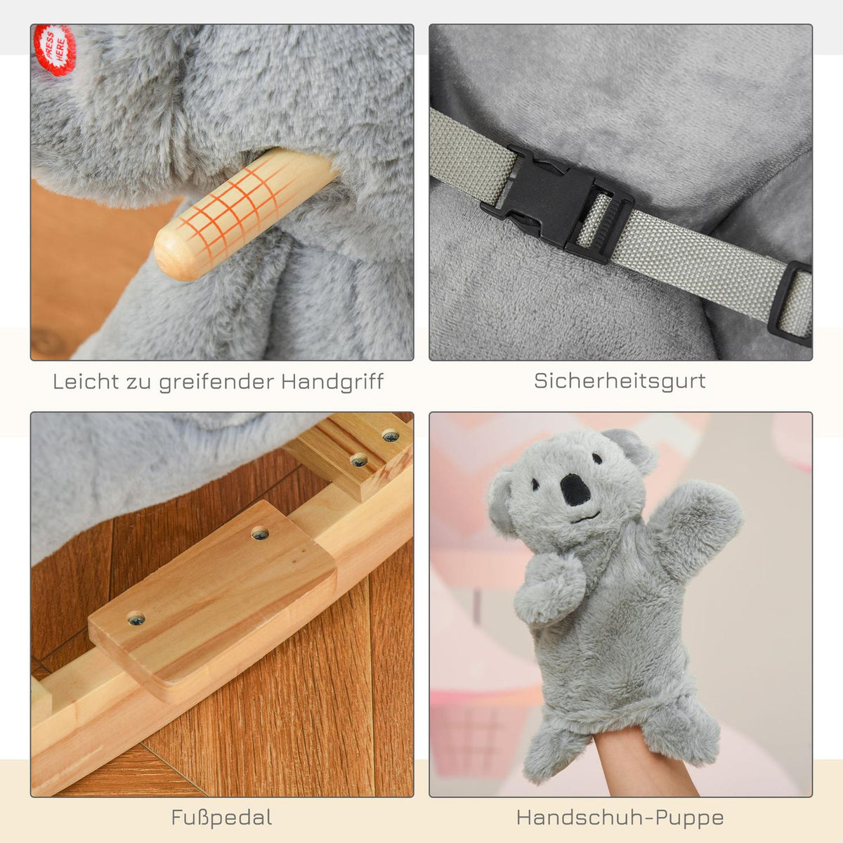 Rocking Animal Koala With Calling Toy For 18-36 Months, Koala Design In Gray, Plush And Wood, 60X33X50 Cm