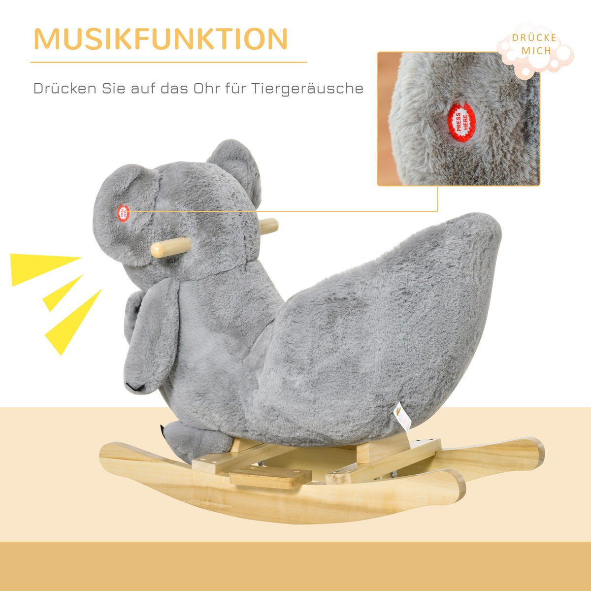 Rocking Animal Koala With Calling Toy For 18-36 Months, Koala Design In Gray, Plush And Wood, 60X33X50 Cm