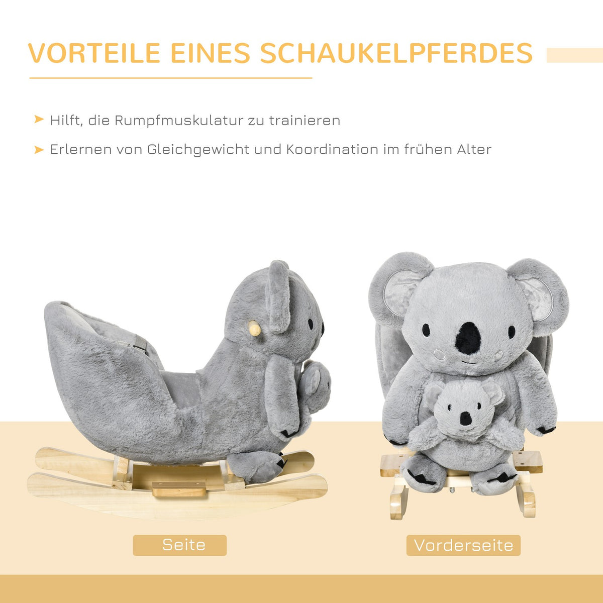 Rocking Animal Koala With Calling Toy For 18-36 Months, Koala Design In Gray, Plush And Wood, 60X33X50 Cm