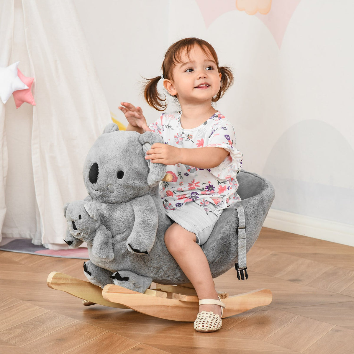Rocking Animal Koala With Calling Toy For 18-36 Months, Koala Design In Gray, Plush And Wood, 60X33X50 Cm