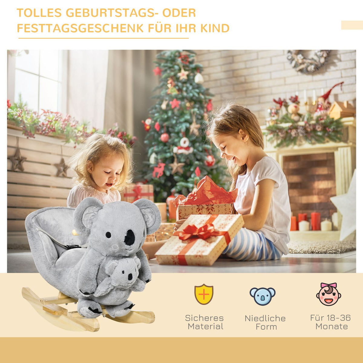 Rocking Animal Koala With Calling Toy For 18-36 Months, Koala Design In Gray, Plush And Wood, 60X33X50 Cm