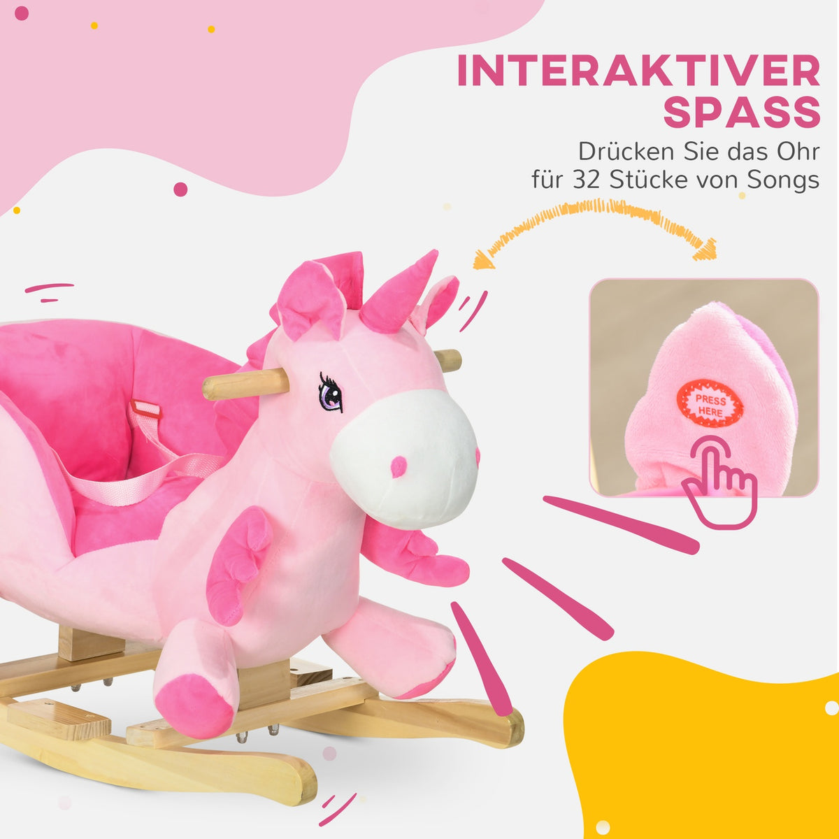 Rocking Animal Unicorn With Music And Footrest Flannel Children'S Rocking Chair For 1.5-3 Years, Lap Belt