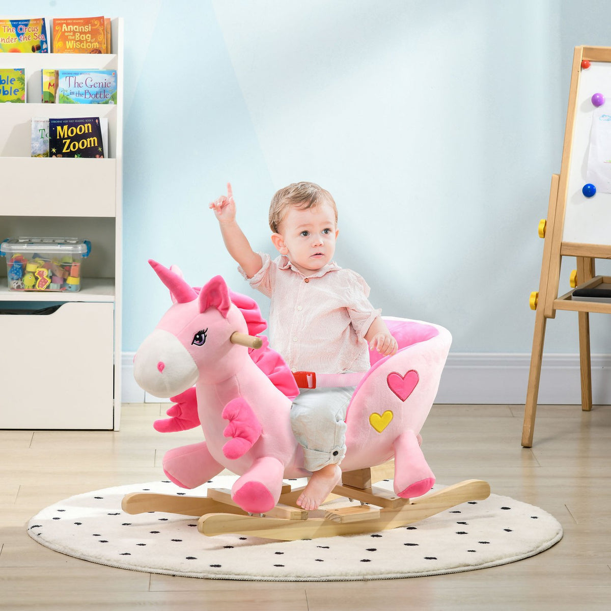 Rocking Animal Unicorn With Music And Footrest Flannel Children'S Rocking Chair For 1.5-3 Years, Lap Belt