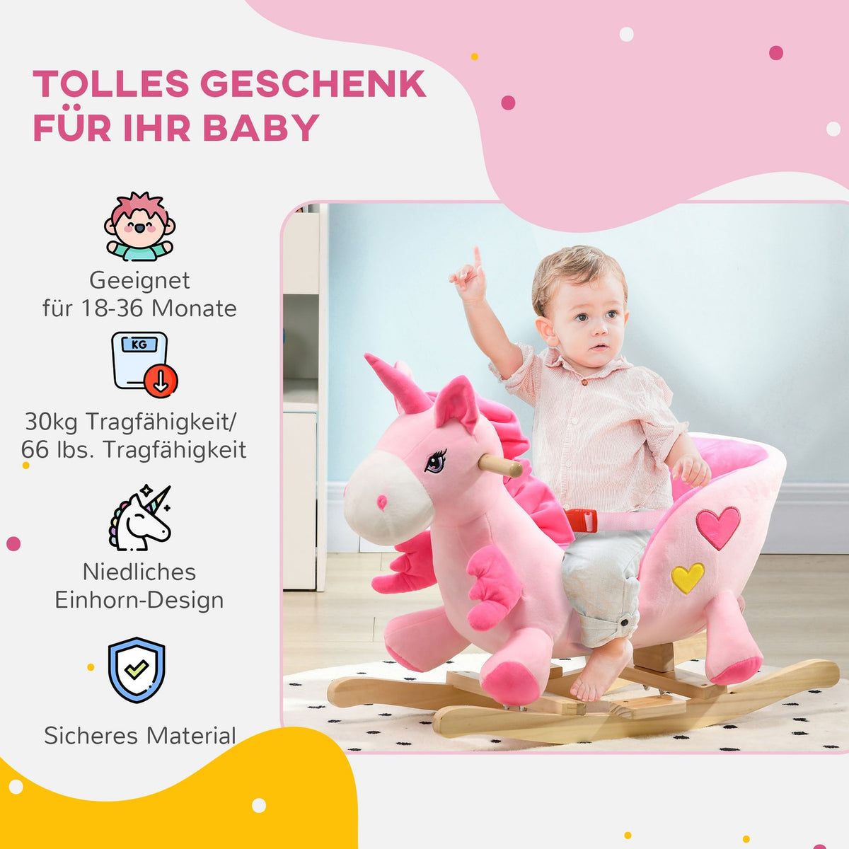 Rocking Animal Unicorn With Music And Footrest Flannel Children'S Rocking Chair For 1.5-3 Years, Lap Belt