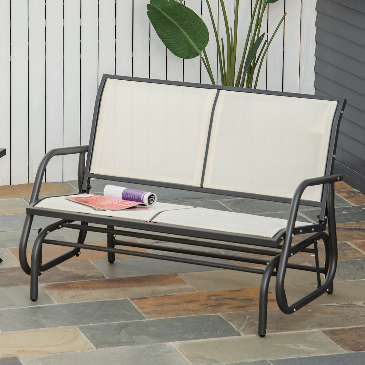 Rocking Chair 2-Seater Garden Bench Garden Swing Seat Park Bench Metal Garden Furniture Black + Beige 120 X 70 X 85 Cm