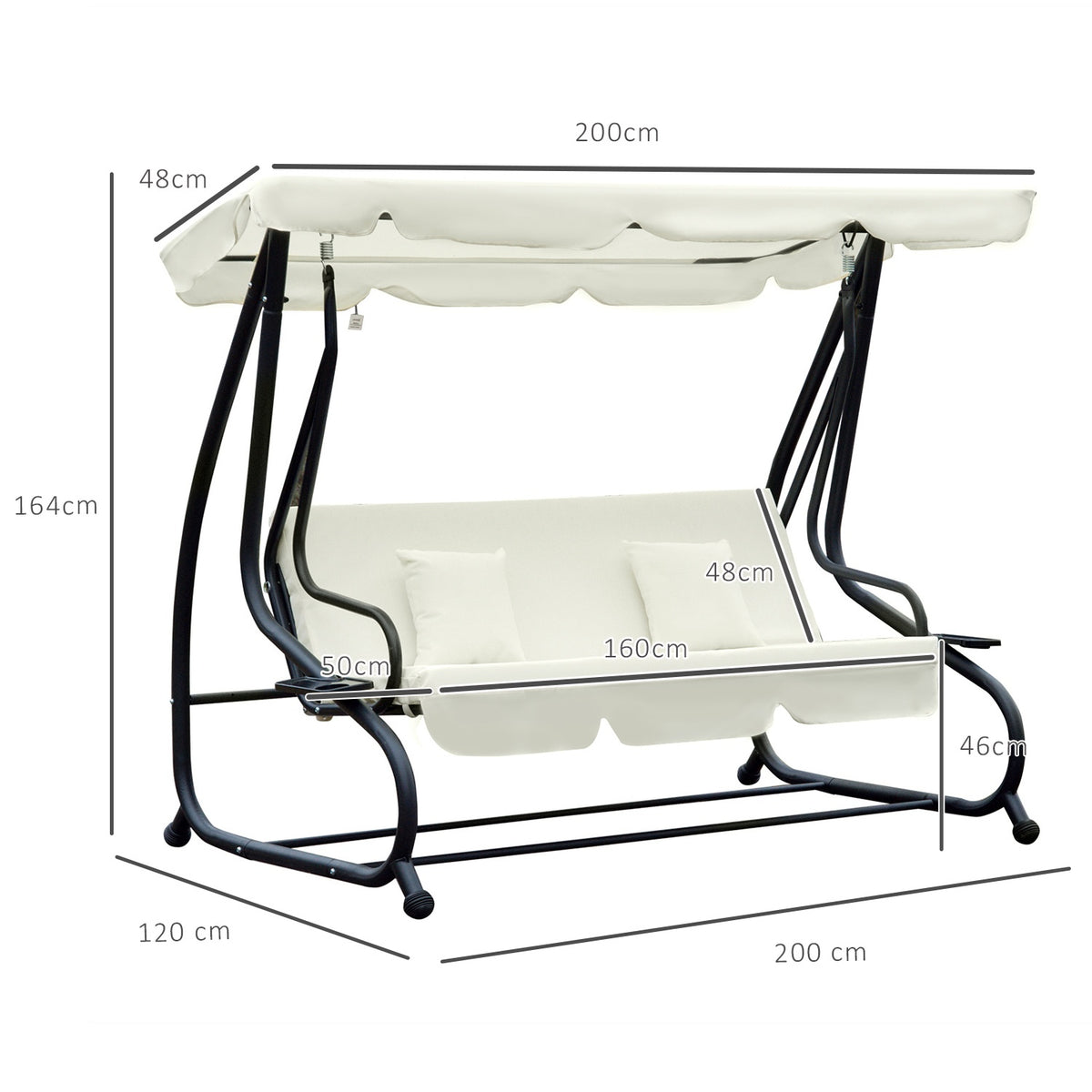 Rocking Chair 3-Seater Hollywood Swing With Seat And Backrests, Tray, Adjustable Roof Angle, Cream