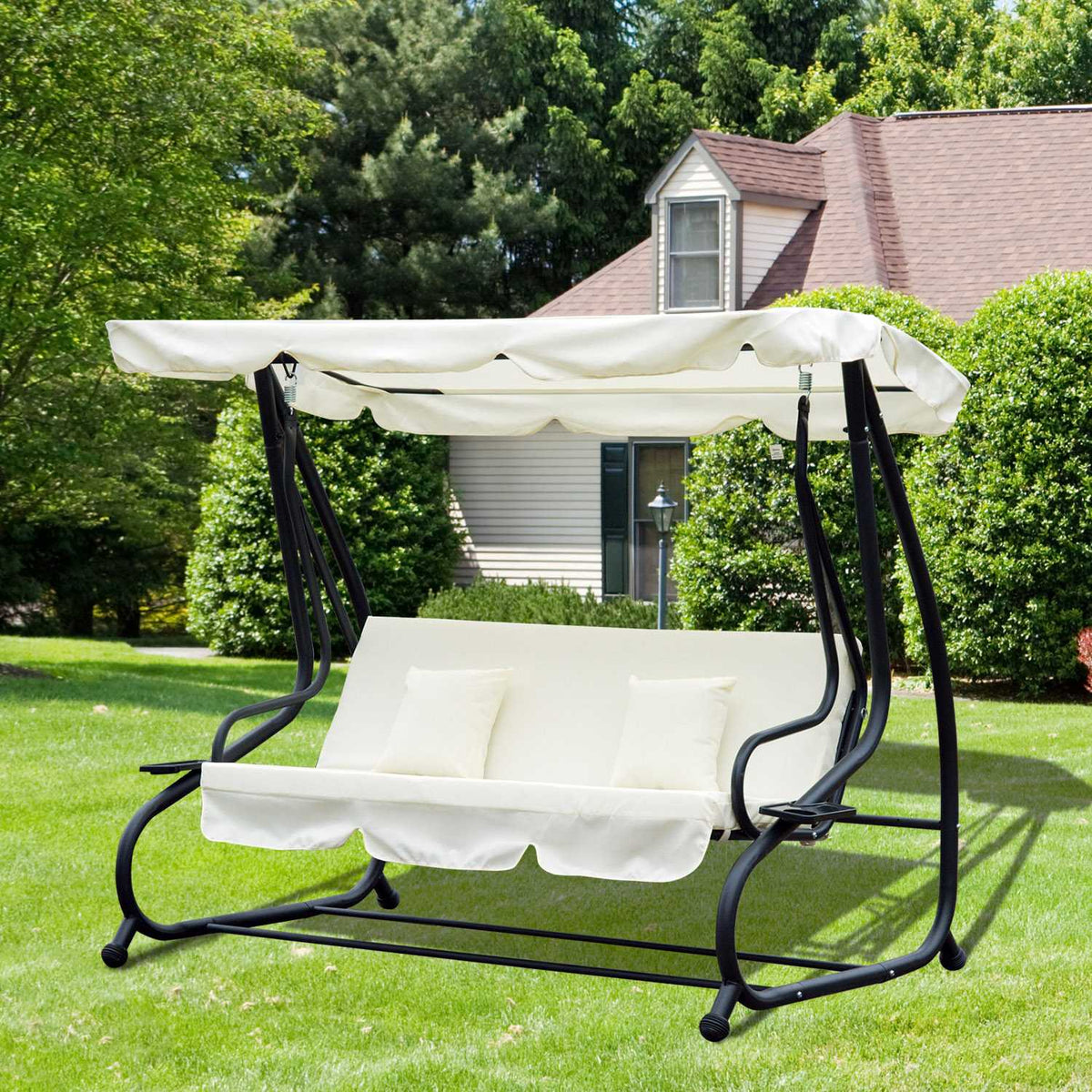 Rocking Chair 3-Seater Hollywood Swing With Seat And Backrests, Tray, Adjustable Roof Angle, Cream