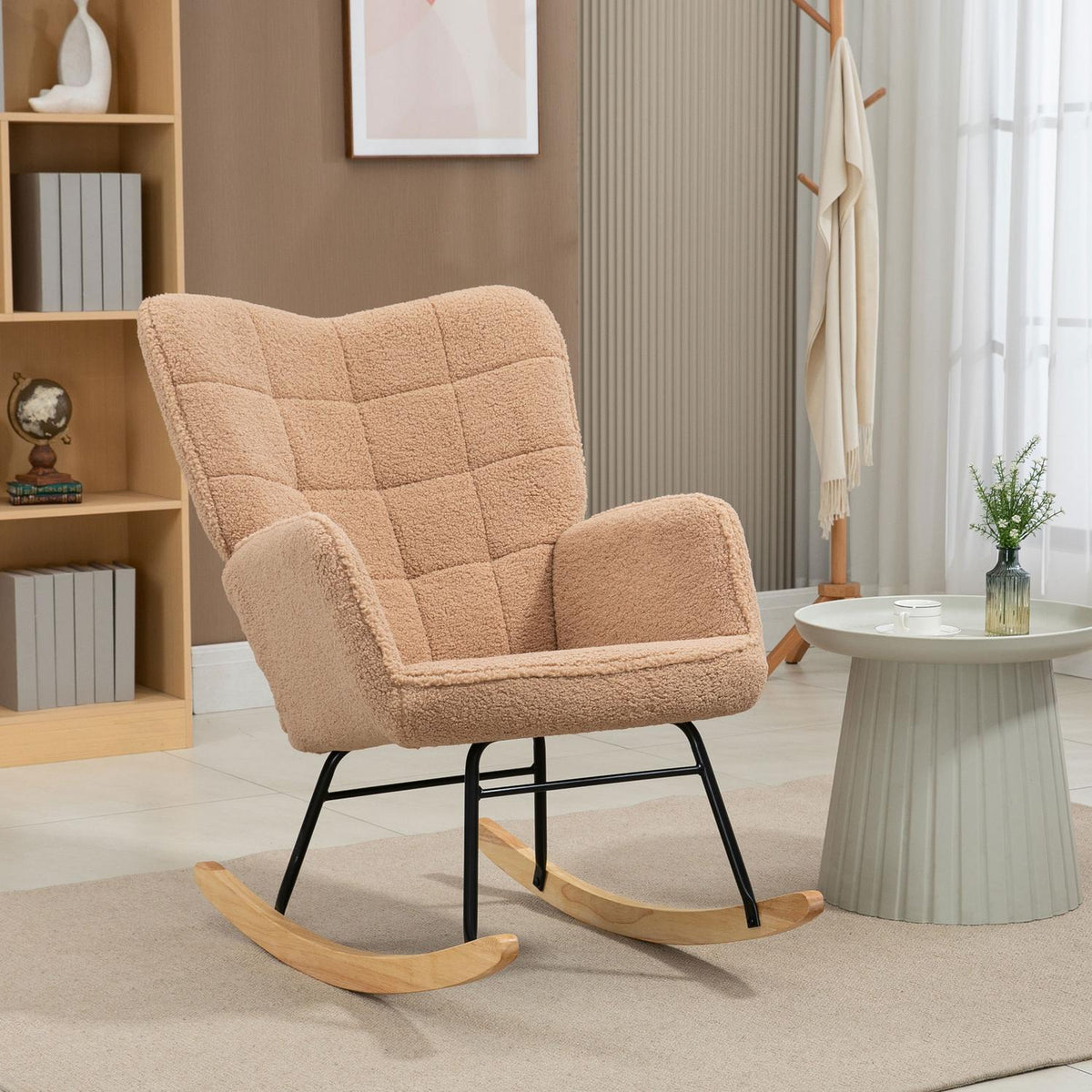 Rocking Chair, Accent Chair, Relaxation Chair In Imitation Lambskin, For Bedroom, Up To 120 Kg, Brown
