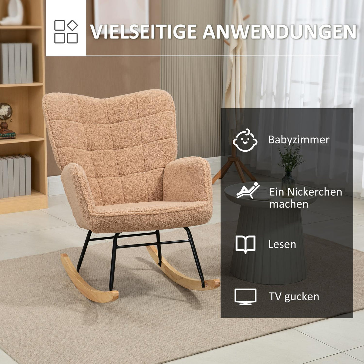 Rocking Chair, Accent Chair, Relaxation Chair In Imitation Lambskin, For Bedroom, Up To 120 Kg, Brown