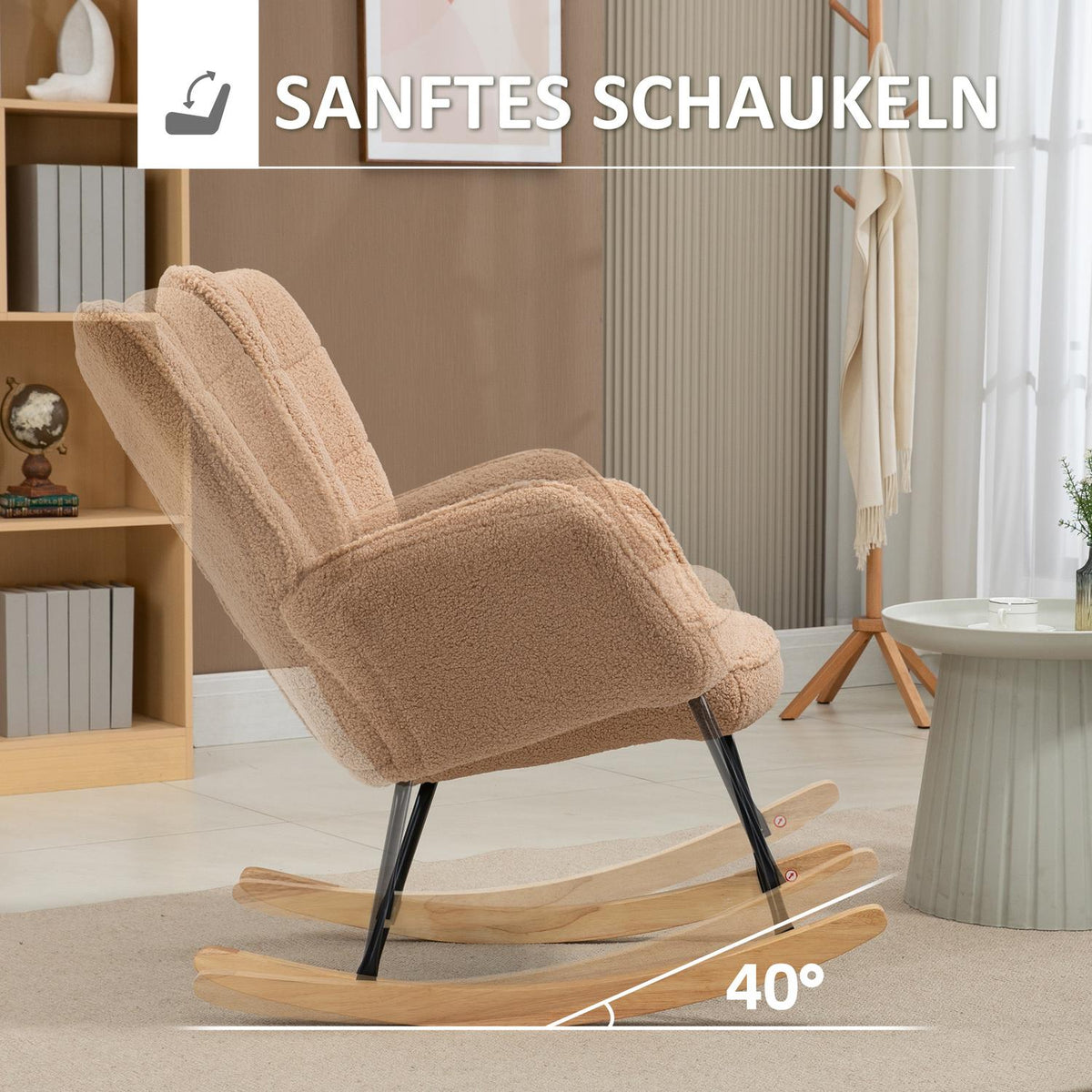 Rocking Chair, Accent Chair, Relaxation Chair In Imitation Lambskin, For Bedroom, Up To 120 Kg, Brown