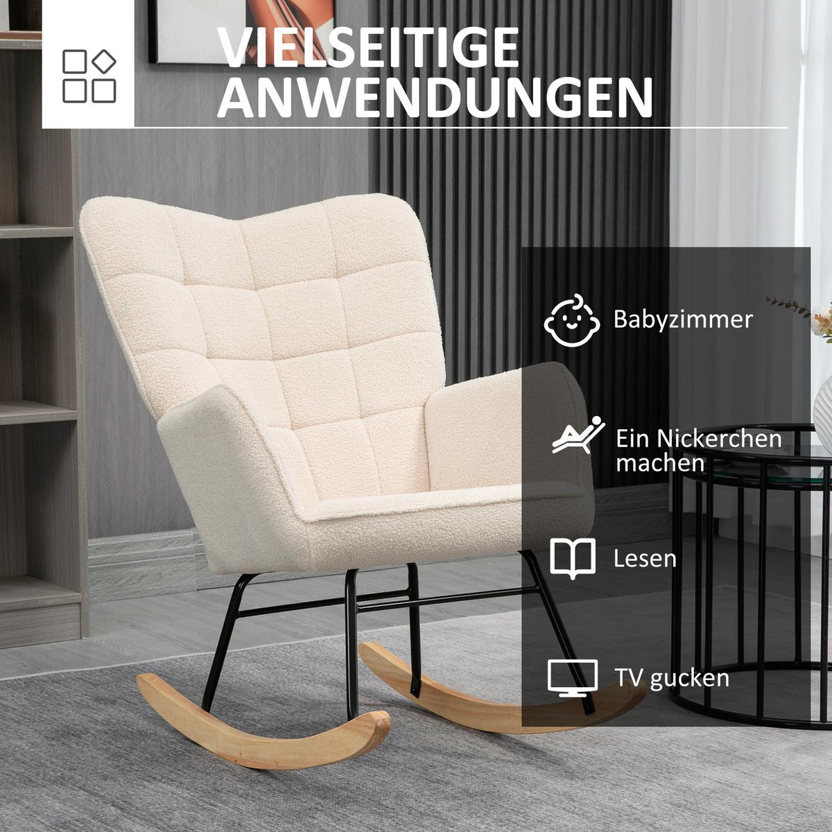 Rocking Chair, Accent Chair, Relaxation Chair With Berber Fleece, For Bedroom, Up To 120 Kg, Beige, 71X92X101 Cm