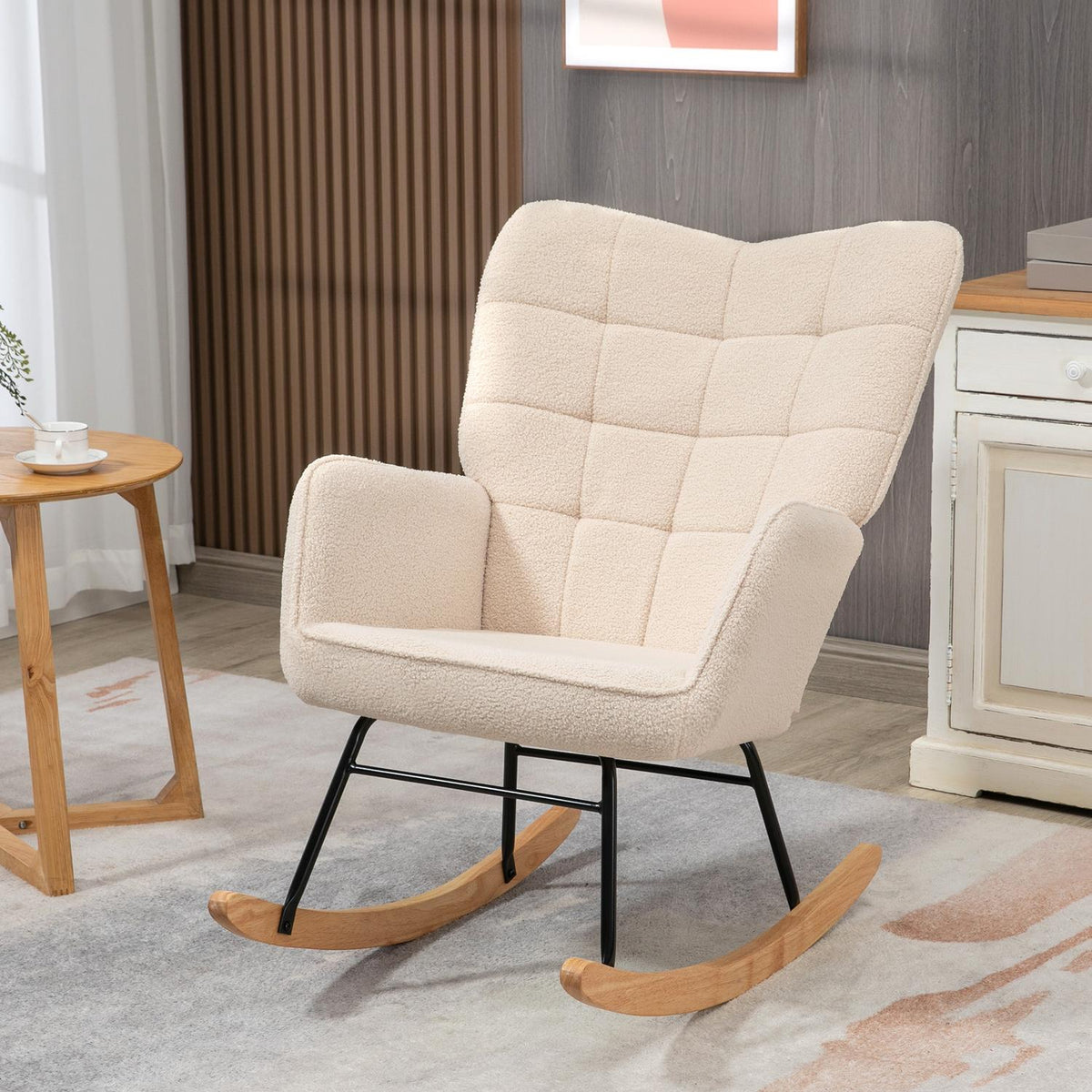 Rocking Chair, Accent Chair, Relaxation Chair With Berber Fleece, For Bedroom, Up To 120 Kg, Beige, 71X92X101 Cm
