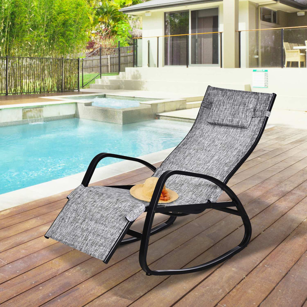 Rocking Chair Adjustable Backrest Footrest Rocking Lounger with Pillow Garden Lounger Textline Gray 64 x 69 x 108 cm for Patio & Balcony |