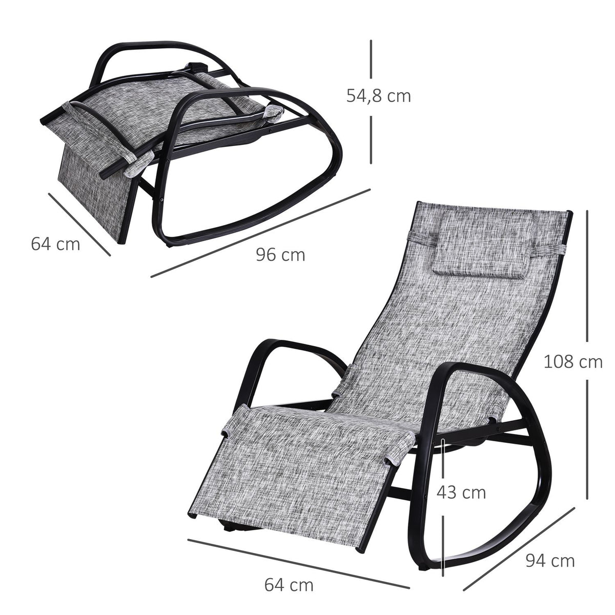 Rocking Chair Adjustable Backrest Footrest Rocking Lounger with Pillow Garden Lounger Textline Gray 64 x 69 x 108 cm for Patio & Balcony |