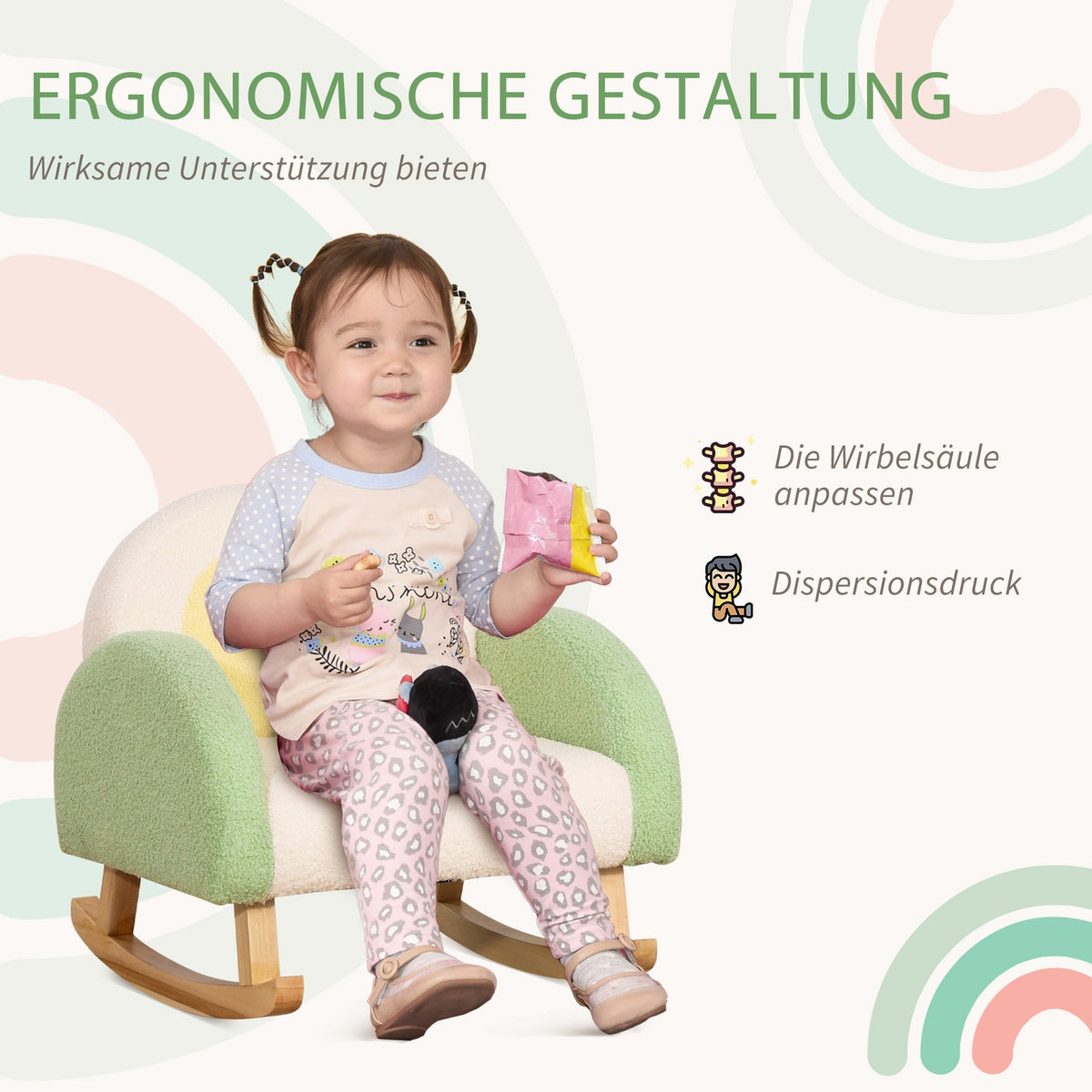 Rocking Chair Children'S Sofa, Cozy Children'S Armchair In Imitation Lambskin, Eucalyptus Wood, Green, From 3 Years, Perfect For Children'S Rooms