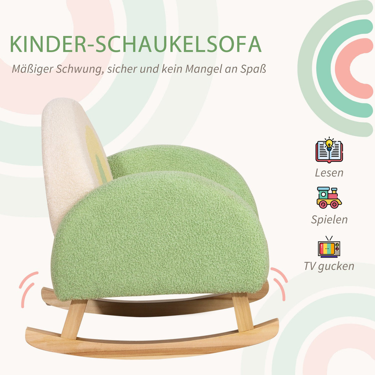 Rocking Chair Children'S Sofa, Cozy Children'S Armchair In Imitation Lambskin, Eucalyptus Wood, Green, From 3 Years, Perfect For Children'S Rooms