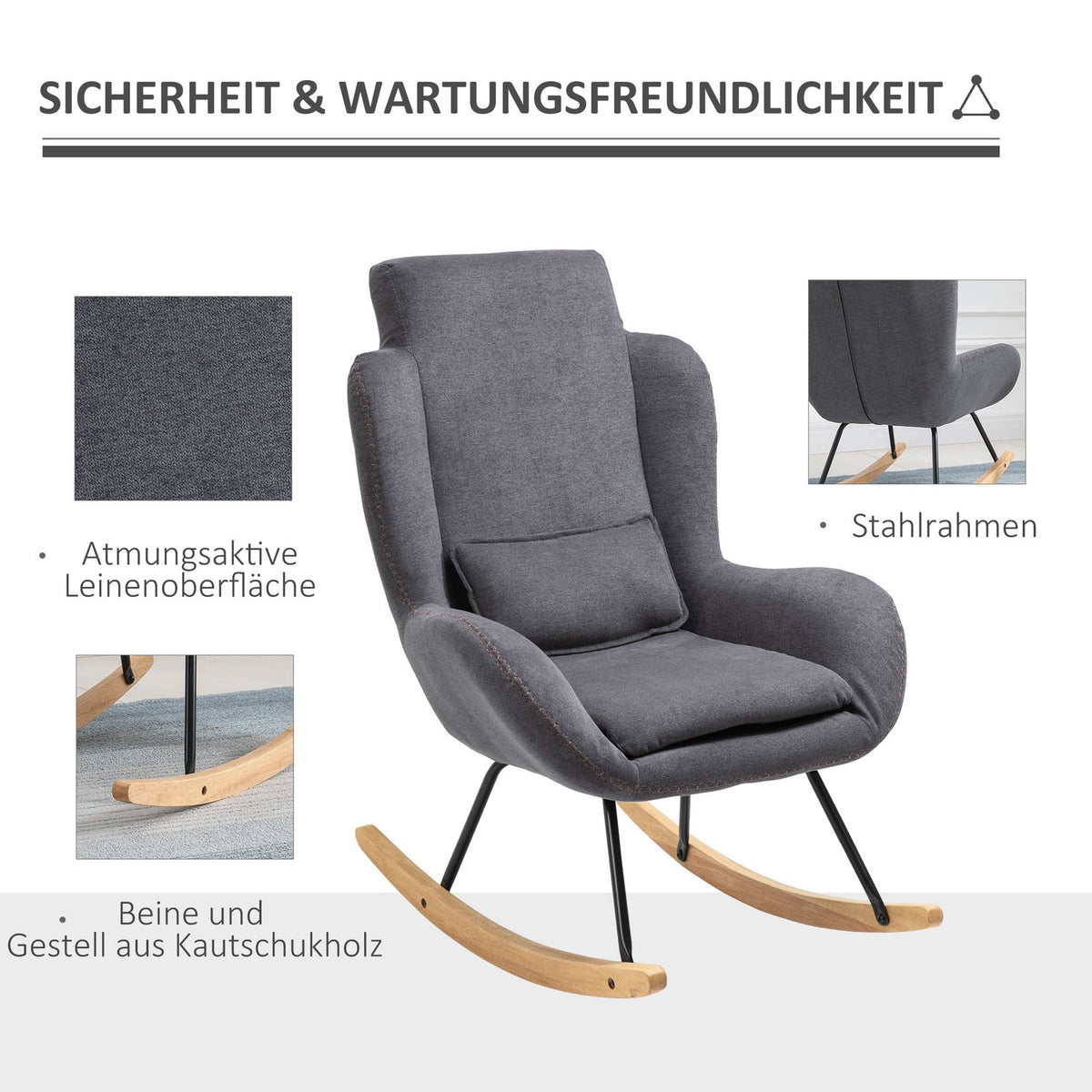 Rocking Chair Deck Chair Reading Chair 90-135° Rocking Linen Rubber Wood Dark Gray 75 X 95 X 110 Cm