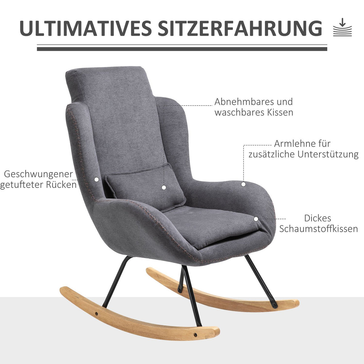 Rocking Chair Deck Chair Reading Chair 90-135° Rocking Linen Rubber Wood Dark Gray 75 X 95 X 110 Cm