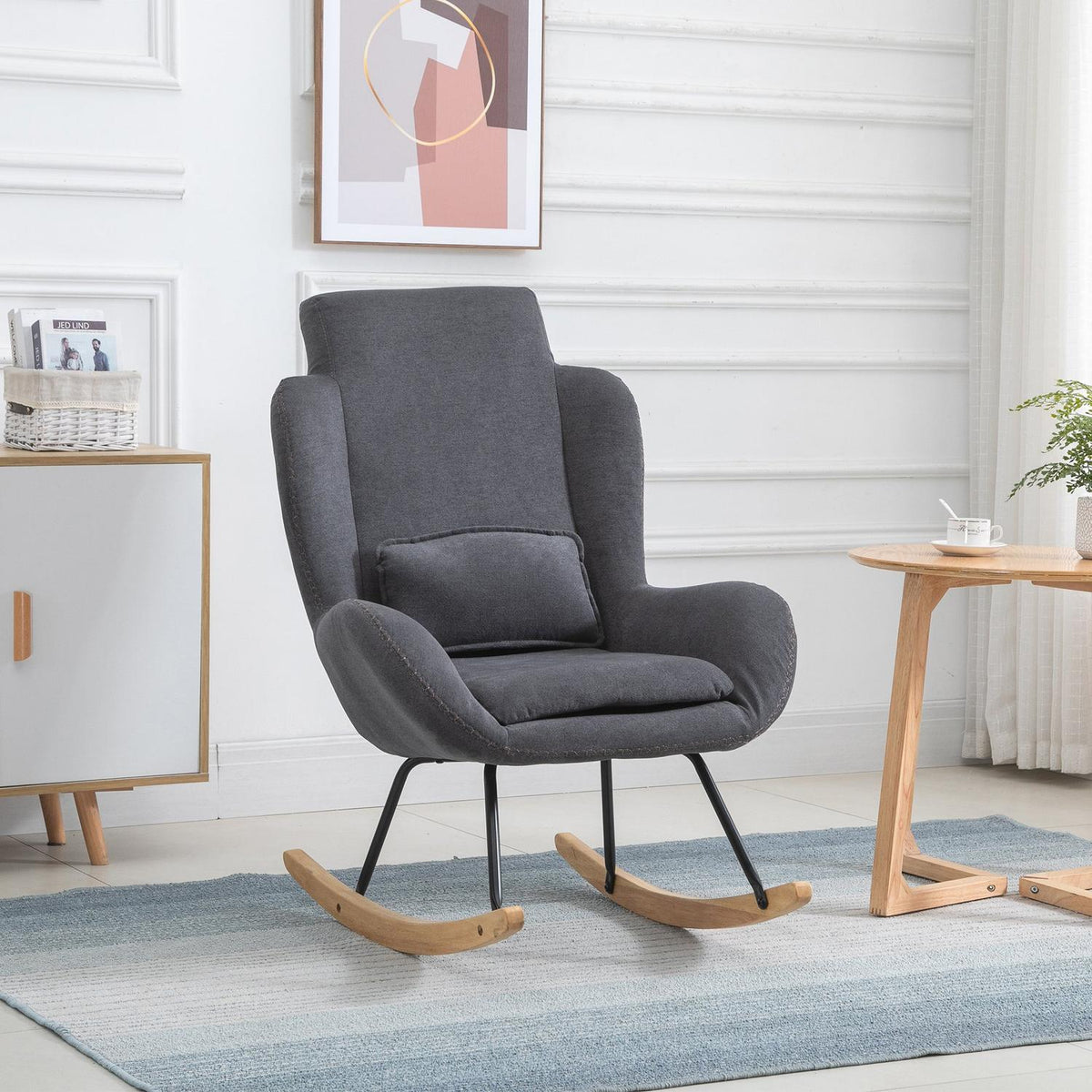 Rocking Chair Deck Chair Reading Chair 90-135° Rocking Linen Rubber Wood Dark Gray 75 X 95 X 110 Cm