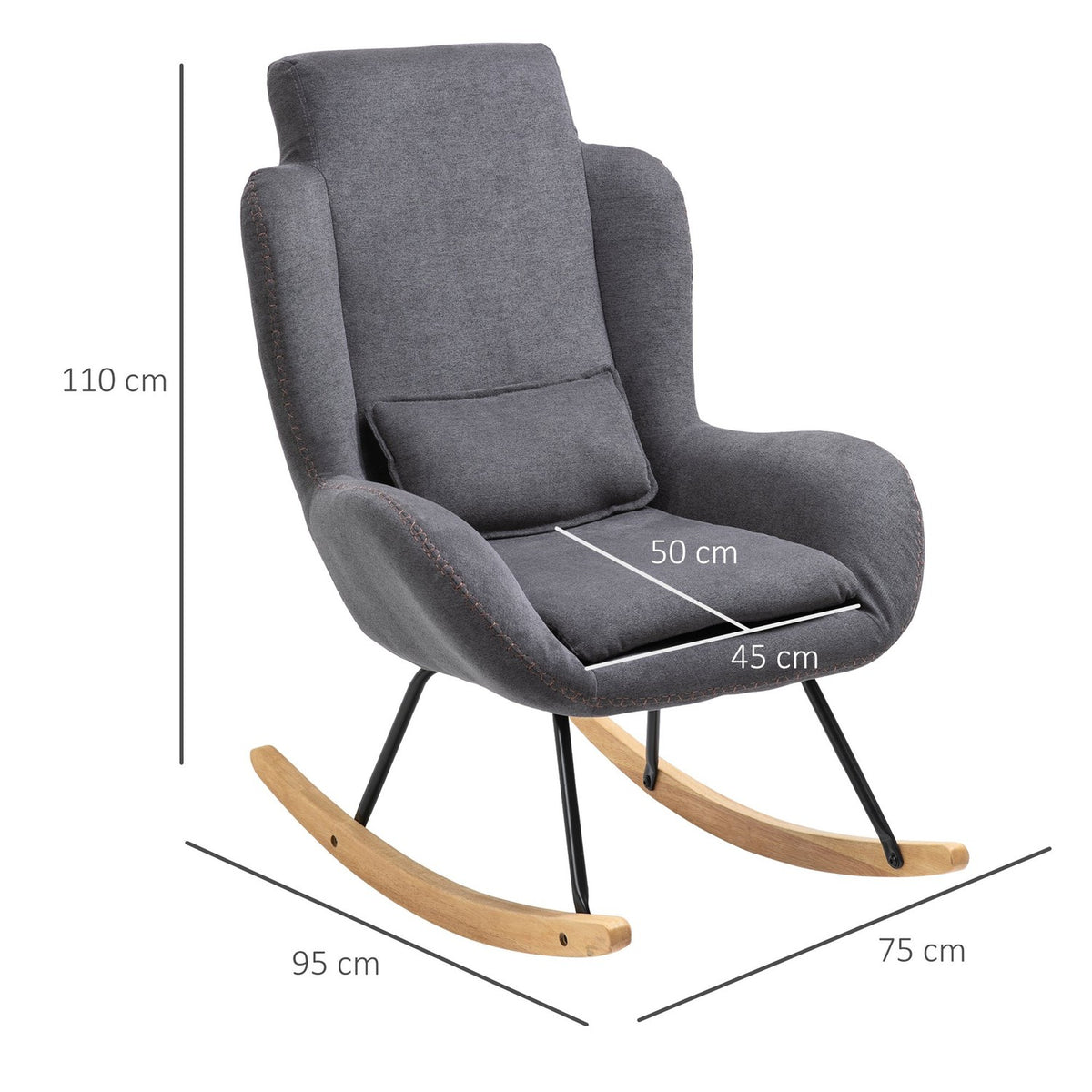 Rocking Chair Deck Chair Reading Chair 90-135° Rocking Linen Rubber Wood Dark Gray 75 X 95 X 110 Cm