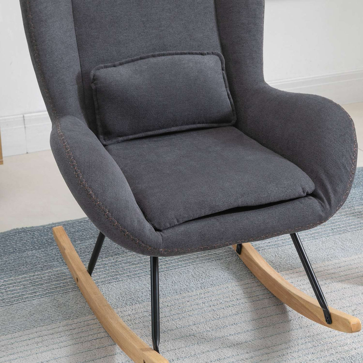 Rocking Chair Deck Chair Reading Chair 90-135° Rocking Linen Rubber Wood Dark Gray 75 X 95 X 110 Cm